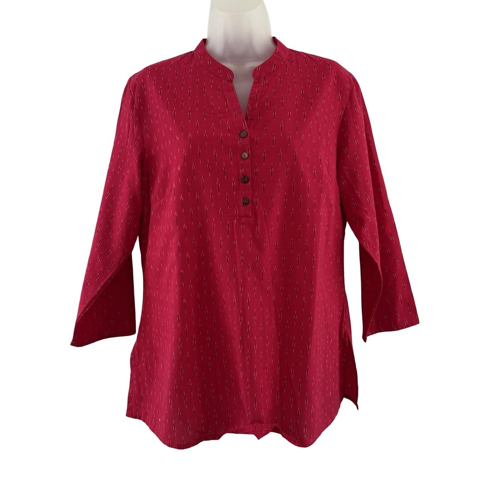 Fabindia Tunic Shirt Womens Large Red 100% Cotton Ikat Henley Boho 3/4 Sleeve